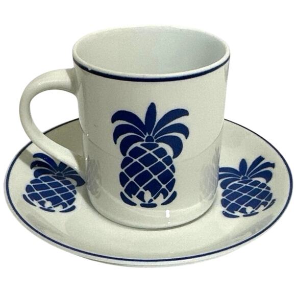 Vintage Leart, Demitasse cup and saucer set of 4 made in Brazil Blue pineapple - Picture 1 of 5